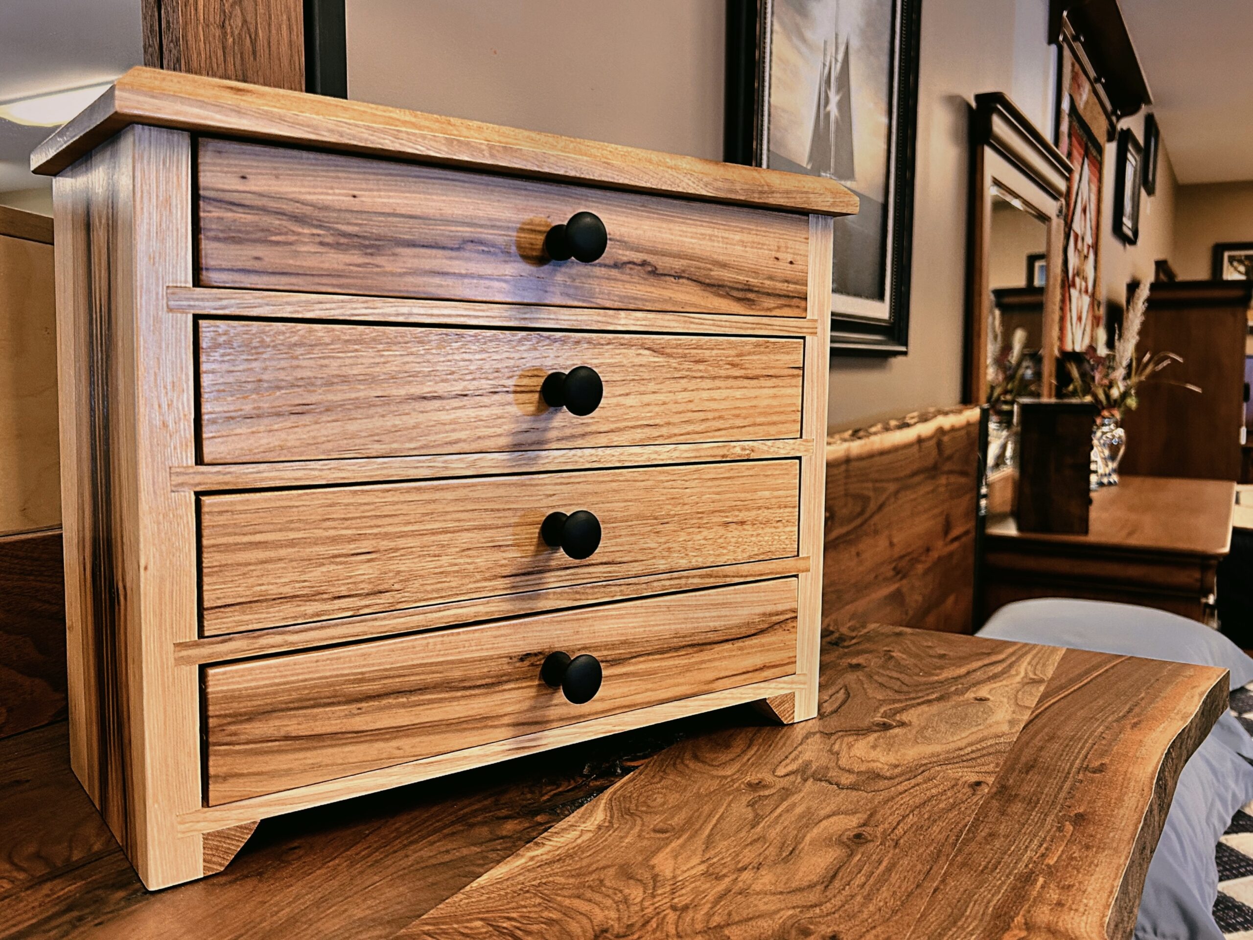 Solid wood jewelry box with velvet lined drawers